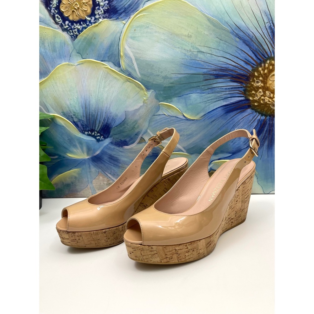 Stuart Weitzman Nude Patent Leather Cork Platform Wedge Peep Toe Sandals Size 6 - Picture 3 of 9